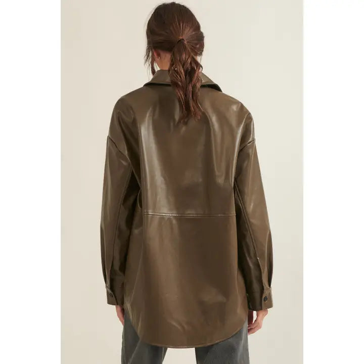 Faux Leather Collared Button Up Oversized Shacket